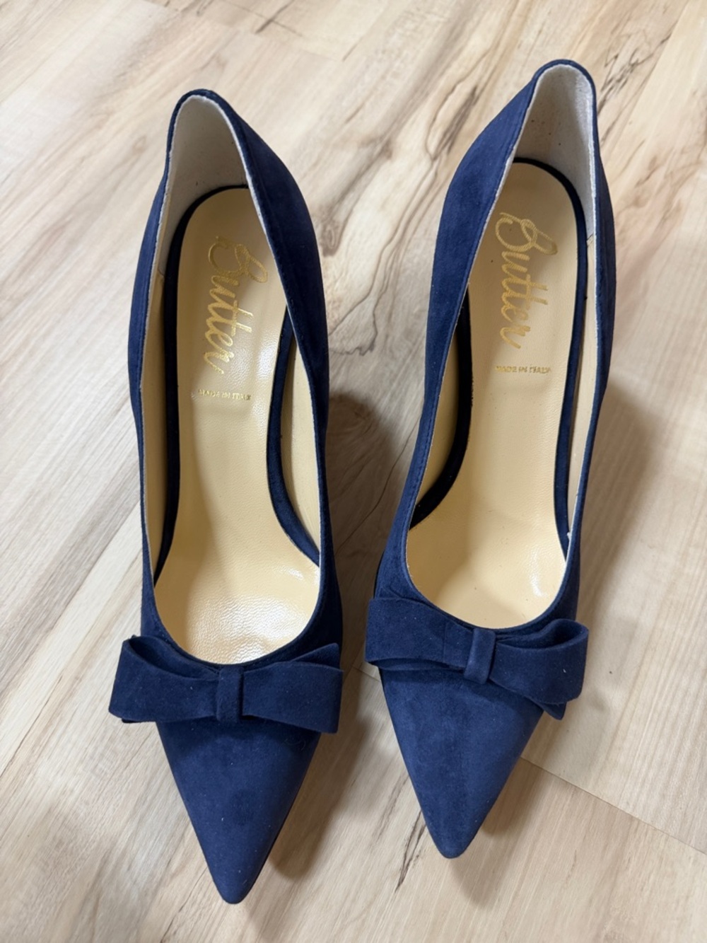 Butter Navy Suede Pointed Toe Heels with Bow Accent